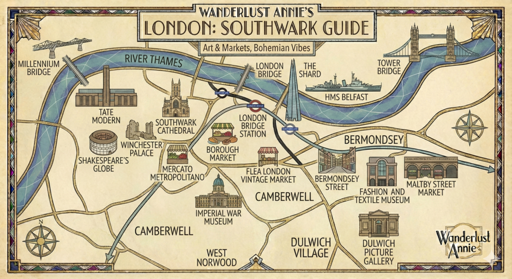倫敦塔與泰特現代美術館：藝廊市集與波西米亞南華克 (Southwark)社區地圖